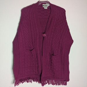 Aran Crafts Womens Sweater Poncho Shawl Wrap Cable Knit Pink Fisherman Wool OS